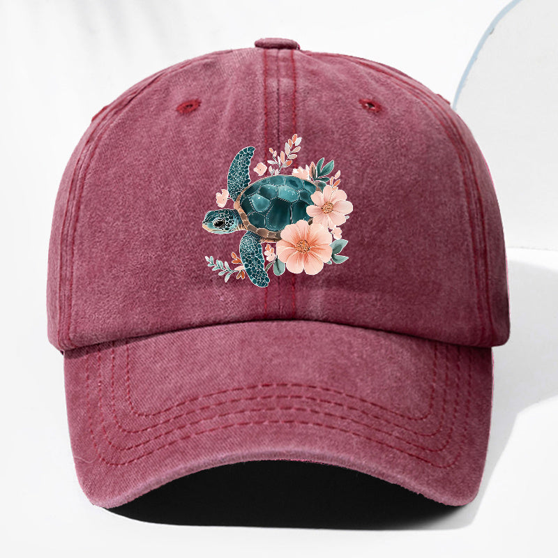 Unisex Floral Turtle Animal Print Washed Vintage Baseball Cap Fashion Men Women Sun Hat Adjustable Size Trucker Cap Suitable for All Seasons Daily Wear
