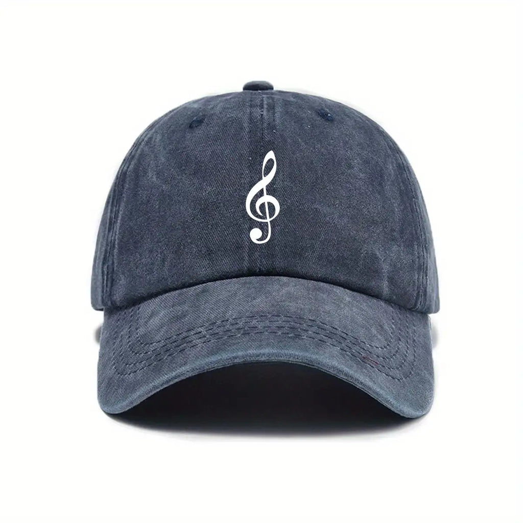 Unisex Adjustable Baseball Cap with Treble Clef Print, Urban Retro Washed Design, Available in 5 Colors (Black/Dark Gray/Purple/Mustard Green/Midnight Blue), Outdoor Casual Hat, Street Fashion, Breathable Fabric, Vintage Style