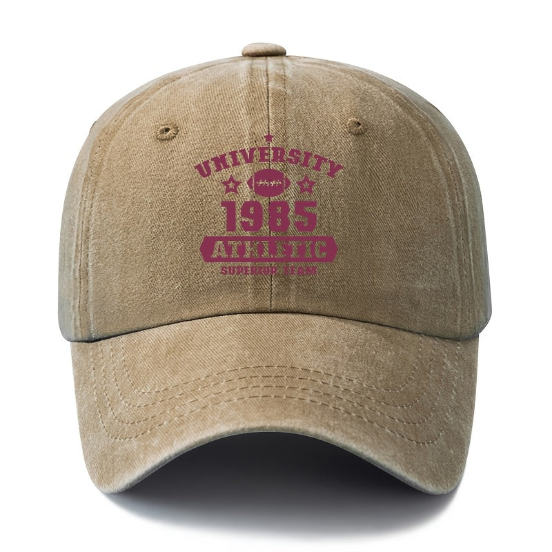 A Unisex Fashionable and Versatile Printed UNIVERSITY 1985 Baseball Cap, Featuring a Classic Vintage Washed Outdoor Lightweight Curved Brim. This Trucker Baseball Cap Is Suitable for Casual Occasions Such as Outdoor Vacations, Travel, and Camping