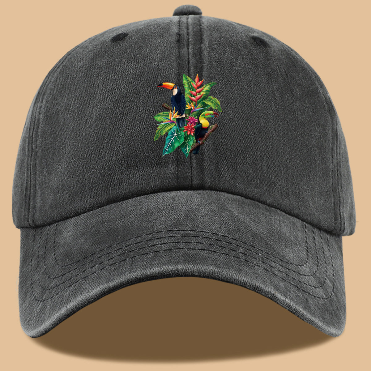 1pc Tropical Rainforest Theme Toucan Print Baseball Cap, Tropical Plant Floral Pattern Sun Hat, Fashionable And Individual Aesthetic Unisex Baseball Cap, Adjustable Size Outdoor Casual Sun Hat, Suitable for Vacation, Travel, Camping, Picnic