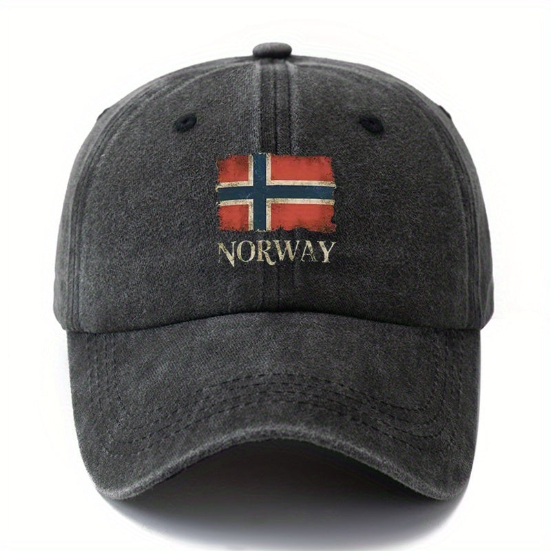 A Unisex, Fashionable and Versatile Baseball Cap with a Printed Norwegian Flag, a Classic Retro Washed Outdoor Lightweight Curved Brim Cap, Suitable for Outdoor Vacations, Travel, Camping, and Other Leisure Activities.