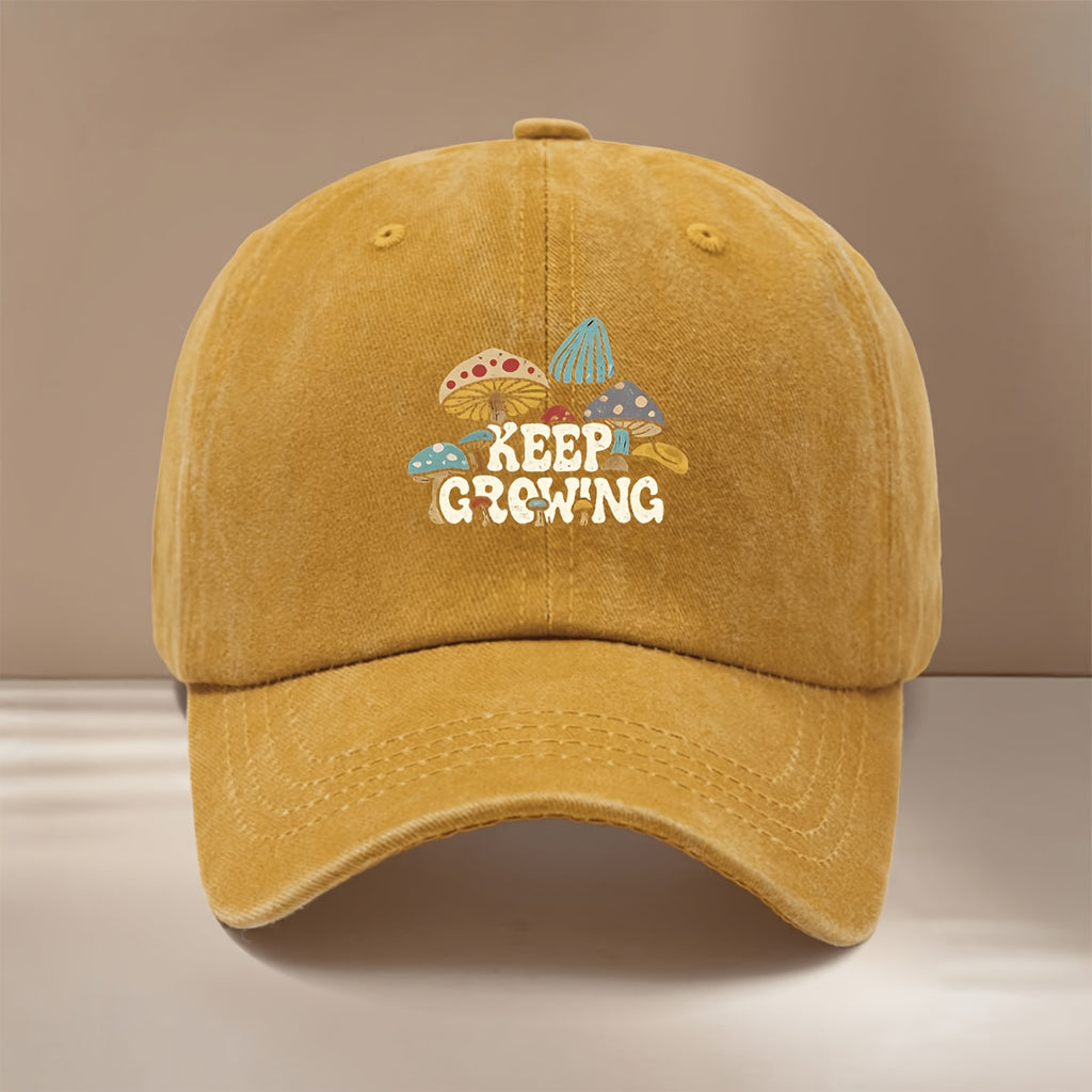 Baseball Cap with "KEEP GROWING" Text and Mushroom Pattern, Suitable for Vacations, Travel, Dinners, and Camping. Six-panel Design with Adjustable Size, Textured Hip-hop Style. Comfortable and Lightweight Curved-brim Cap, Unisex Snapback, Casual Hat
