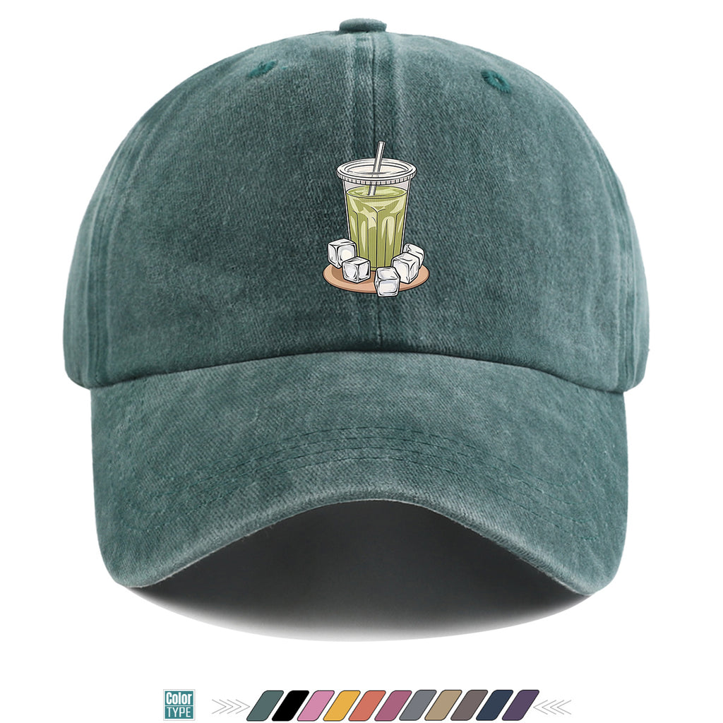 1pc Teal Green Beverage Print Baseball Cap, Featuring a Cup with a Straw, Ice Cubes Scattered Near the Cup, and a Colorful Striped Background. A Stylish and Casual Sun Hat, Unisex and Adjustable. Suitable for Street Trendsetters, Coffee Lovers