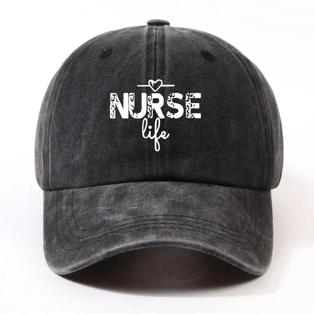1 Fashion Nurse Letter Washed Baseball Cap Unisex Adjustable Brim Sun Hat Shopping Cycling Skateboarding Trendy Baseball Cap,  Casual Wear, Sporty Style, Geometric Pattern, Metal Buckle Closure, Durable Material, Unisex Headwear, Men And Women