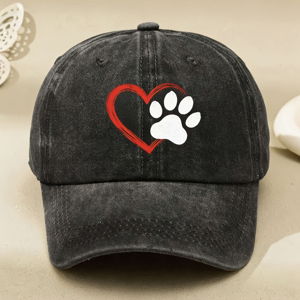 Cute Paw Heart Design Unisex Vintage Baseball Cap for Pet Lovers Casual Street Anniversary Gift