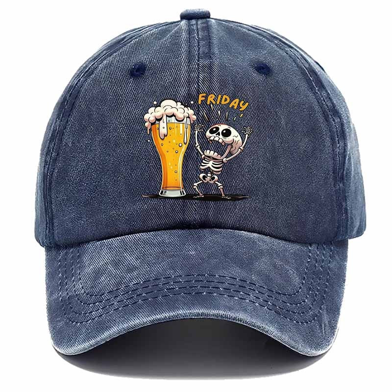 A Humorous Cartoon Skull Baseball Cap with Beer Mug Elements, Essential for Weekend Party Celebrations