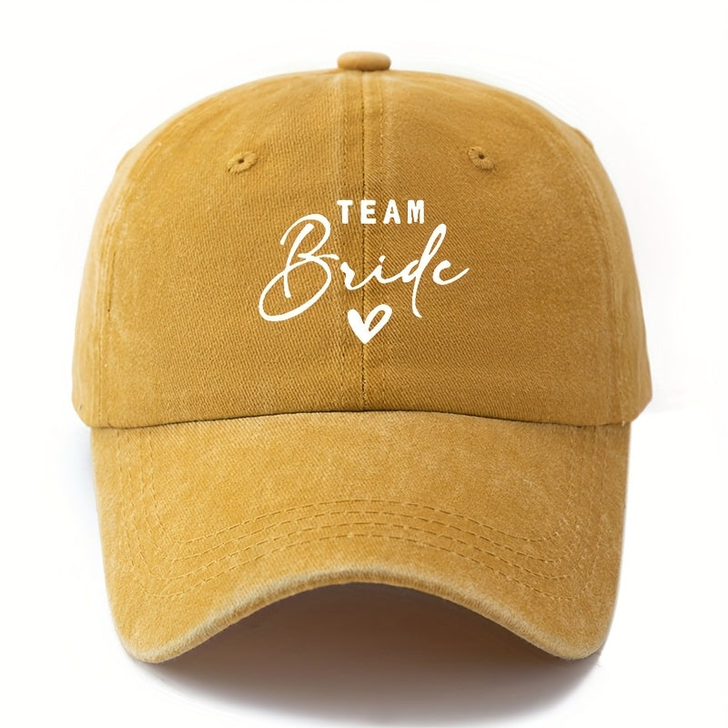 A Stylish Unisex Printed Baseball Cap Featuring a Curved Brim And The Words 'TEAM Bride'. This Trendy And Lightweight Sun Hat Is Perfect for Outdoor Activities Like Traveling And Camping, Suitable for Both Men And Women