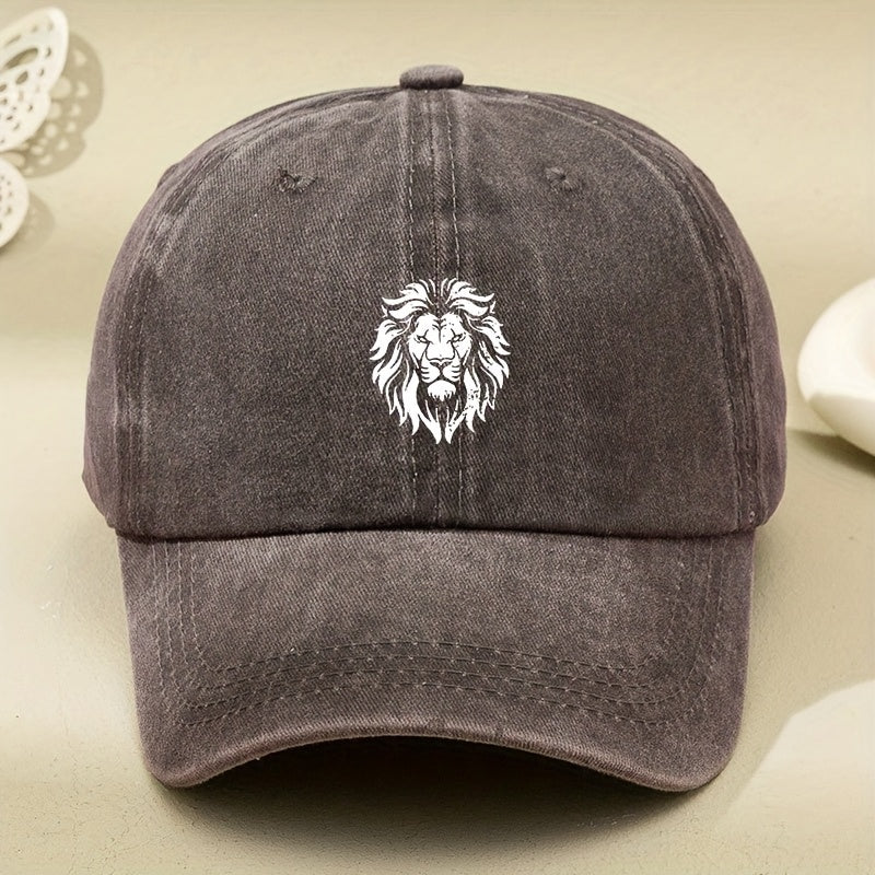 Men's & Women's Vintage Lion Baseball Cap - White Retro Dad Hat with Lion Print, Soft Washed Pull-String Cap Suitable for Outdoor Driving, Machine Washable Unisex Driving Hat