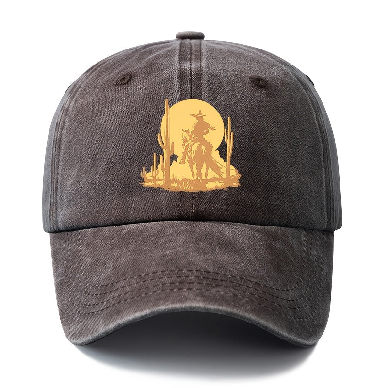A Unisex Fashionable and Versatile Printed Desert Horseback Riding Hero Baseball Cap, Featuring a Classic Vintage Washed Outdoor Lightweight Curved Brim. This Trucker Baseball Cap Is Suitable for Casual Occasions Such as Outdoor Vacations