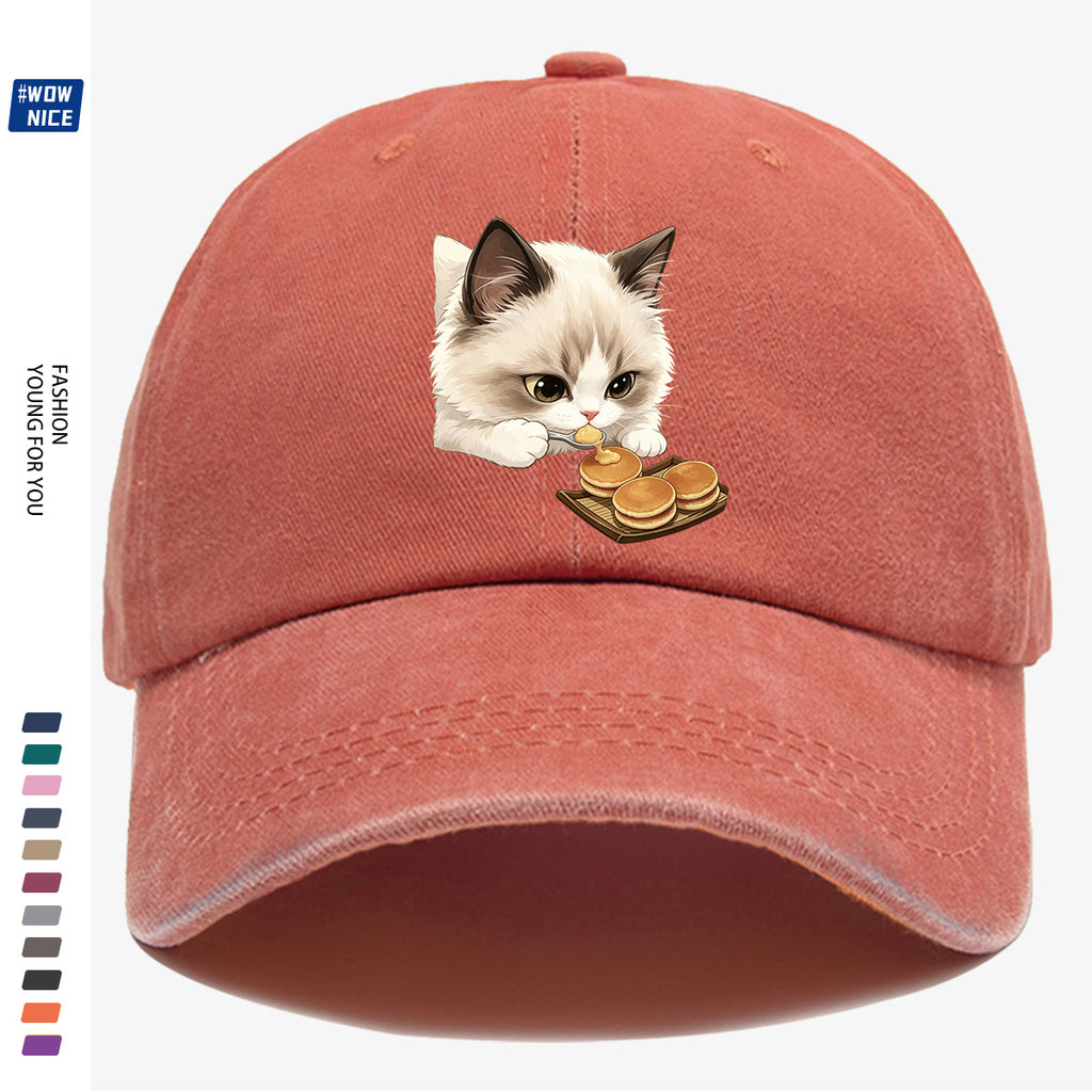 1pc 1pcs Cat Eating Muffin Baseball Cap with Kitten Print - Adjustable Unisex Hat Suitable for Men & Women, Cute, Streetwear, Café Outfits, Daily Wear, Fashionable Cap for Bestie Gatherings & Weekend Outings