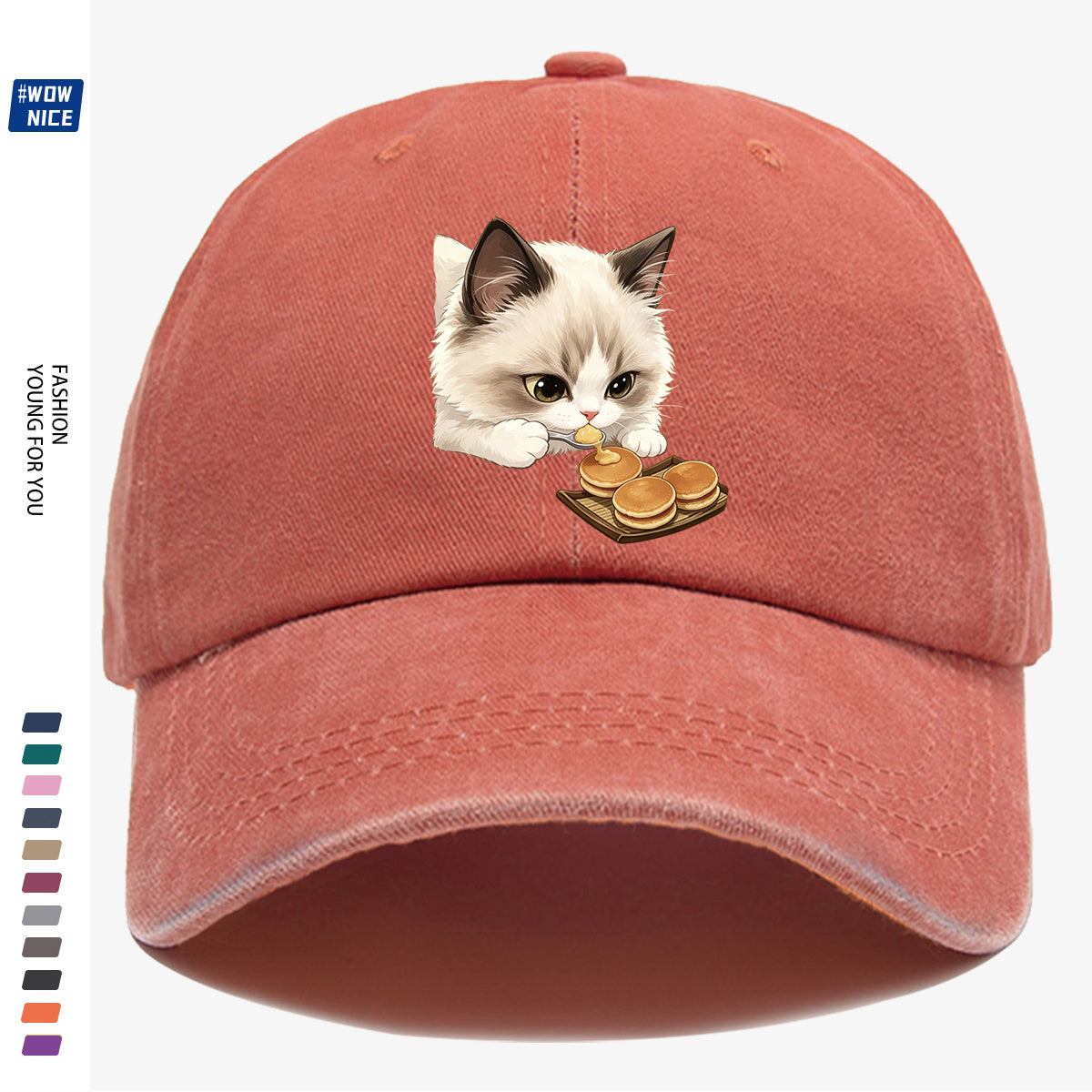 1pc 1pcs Cat Eating Muffin Baseball Cap with Kitten Print - Adjustable Unisex Hat Suitable for Men & Women, Cute, Streetwear, Café Outfits, Daily Wear, Fashionable Cap for Bestie Gatherings & Weekend Outings
