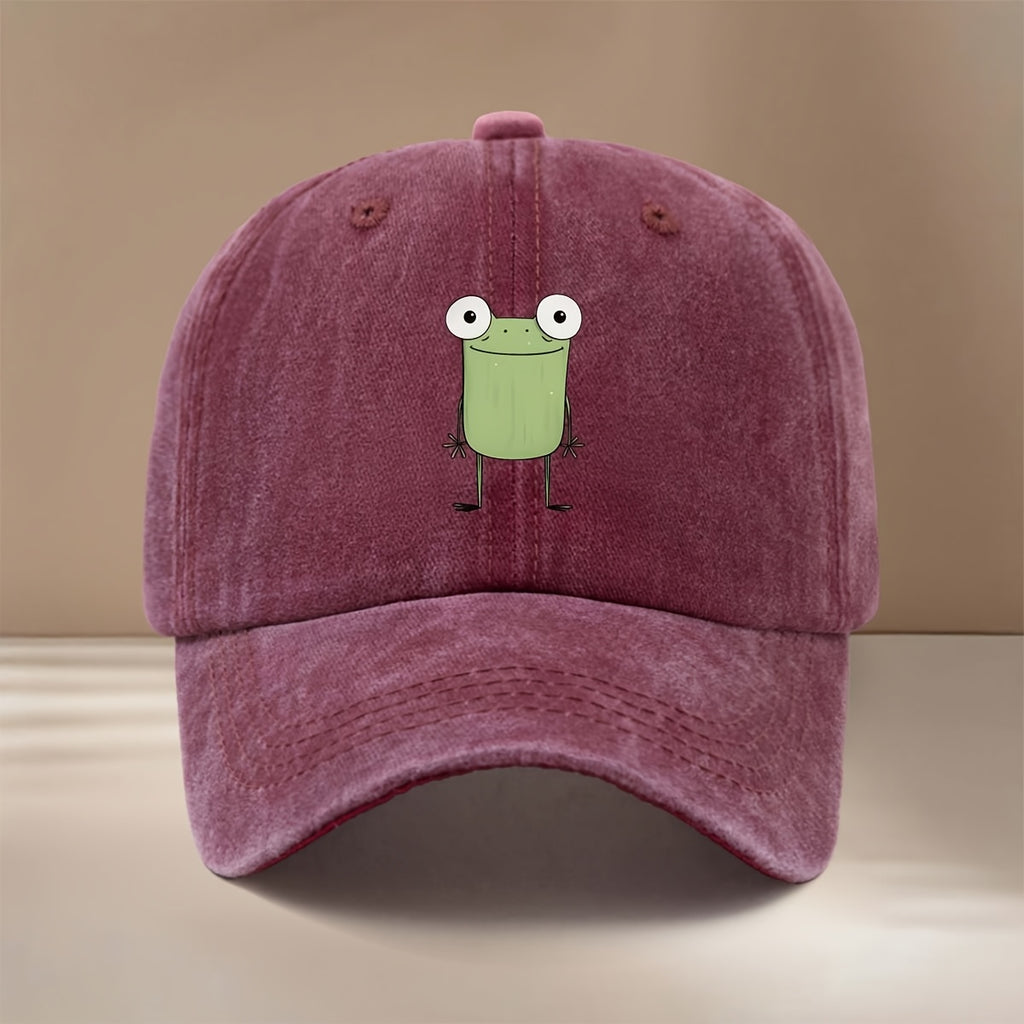 This Is a Baseball Cap Featuring a Minimalist Frog Design, Suitable for All Seasons with an Adjustable Size. It's a Casual Unisex Hat That's Lightweight and Stylish, Perfect for Outdoor Activities, Gatherings, Camping, and as a Trendy Curved-brim Cap