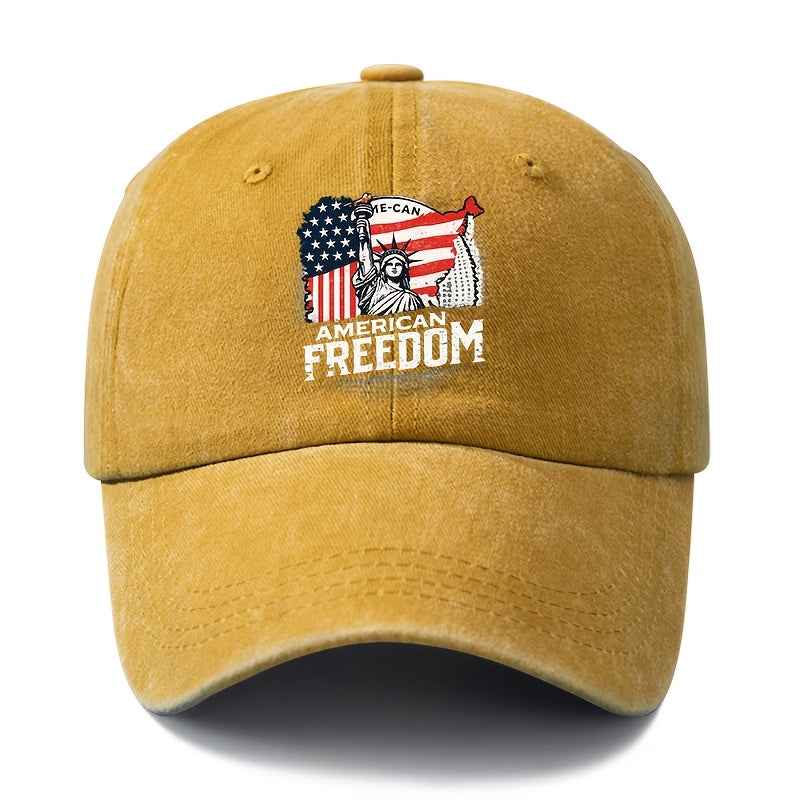 A Unisex Fashionable and Versatile Printed FREEDOM Statue of Liberty Baseball Cap, Classic Vintage Washed Outdoor Lightweight Curved-brim Hat, Trucker Baseball Cap, Suitable for Outdoor Vacations, Travel, Camping, and Other Casual Occasions