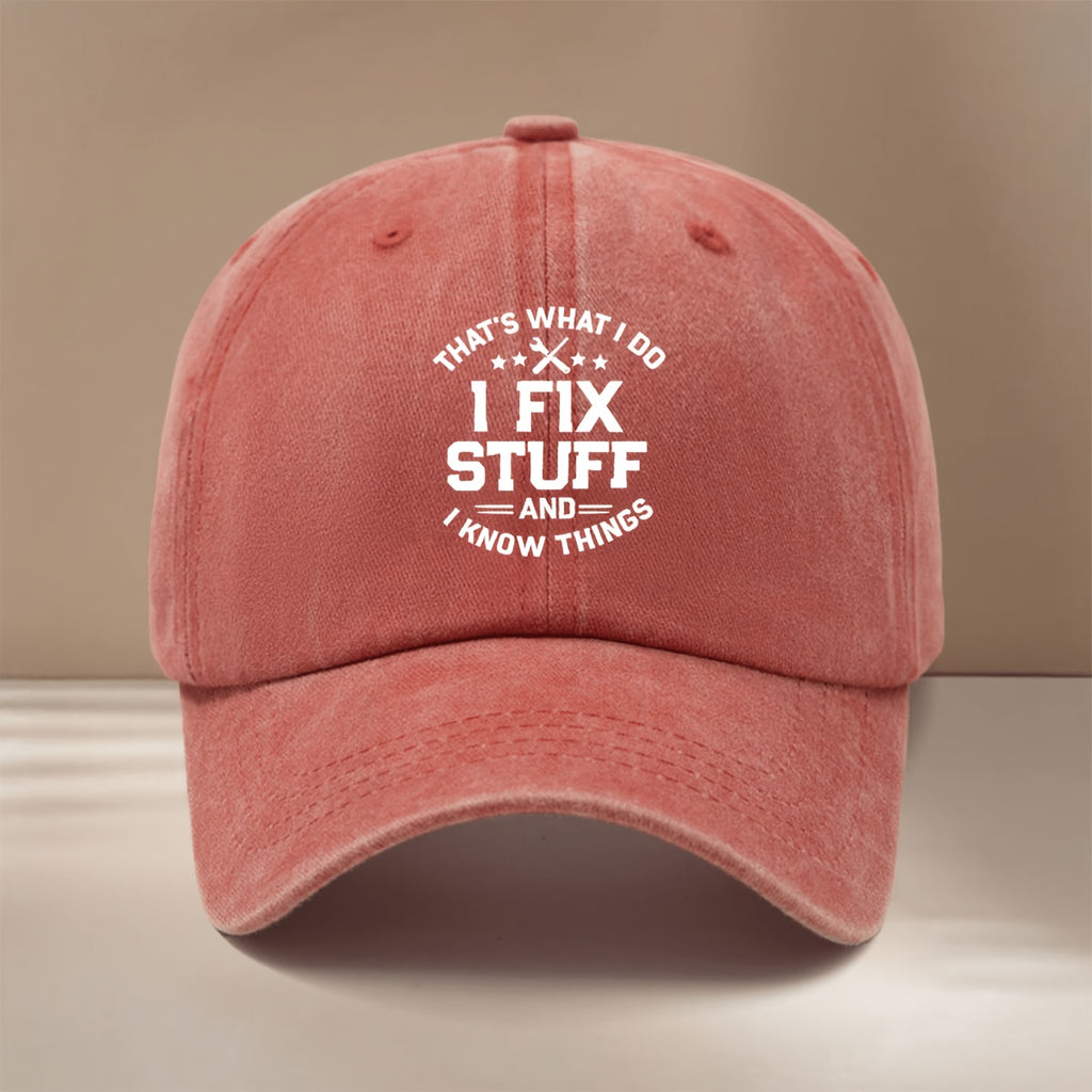 Baseball Cap with "I FIX STUFF" Text Graphic, Adjustable Size, Comfortable Hip-hop Hat, Unisex Duckbill Cap for Vacation, Travel, Gatherings, and Camping. Lightweight and Simple Curved Brim Hat with a Curved Brim That Makes the Face Appear Smaller.