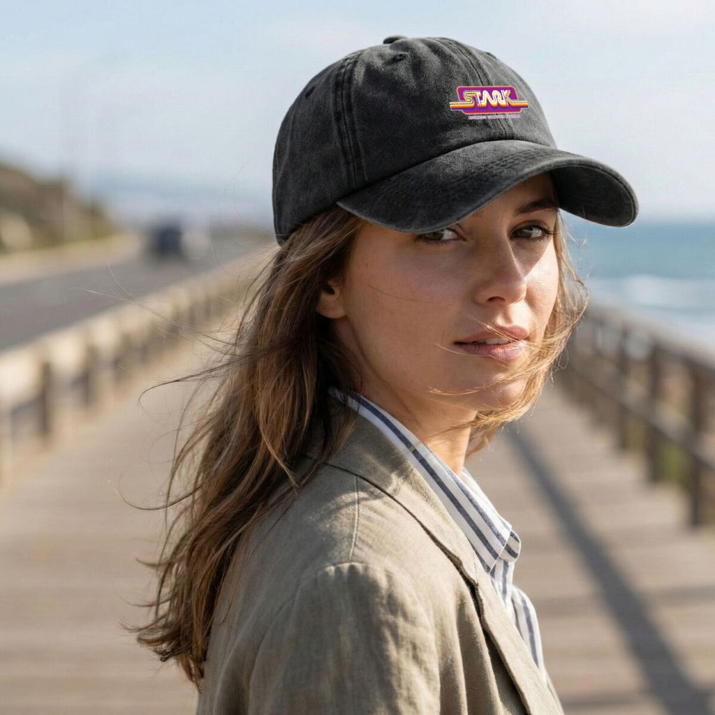 1980S Stark Technologies Computer Graphics Sticker Vintage Washed Distressed Duckbill Cap Unisex Outdoor Baseball Hat Adjustable Lightweight Breathable Retro Style Golf Cap