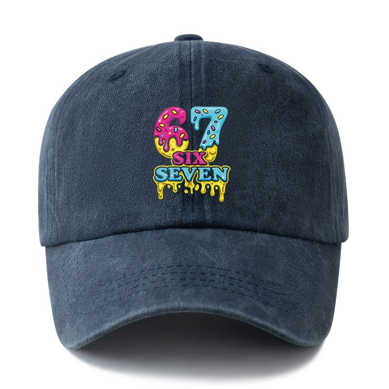Unisex, Fashionable And Versatile Printed Cream Donut 67 SIX SEVEN Baseball Cap, Classic Retro Washed Outdoor Lightweight Curved Brim Cap, Suitable for Outdoor Vacations, Travel, Camping, And Other Casual Occasions, Hip-Hop Cap for Holiday Parties