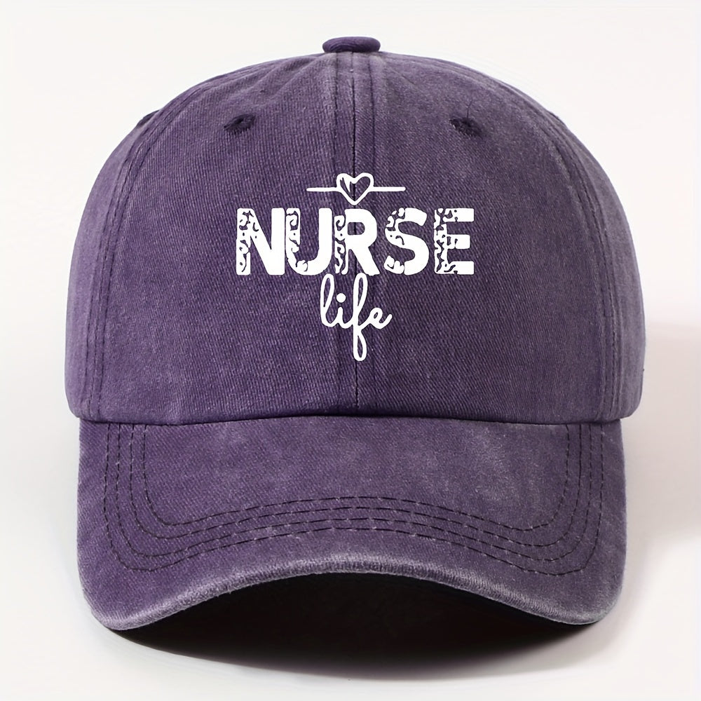 1 Fashion Nurse Letter Washed Baseball Cap Unisex Adjustable Brim Sun Hat Shopping Cycling Skateboarding Trendy Baseball Cap,  Casual Wear, Sporty Style, Geometric Pattern, Metal Buckle Closure, Durable Material, Unisex Headwear, Men And Women