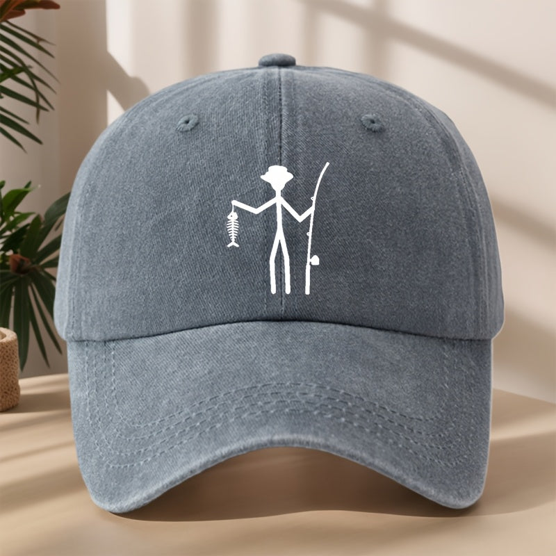 Creative Design Fishing Print Baseball Cap Classic Washed Vintage Duckbill Hat Soft Comfortable Sweat-Absorbing Breathable Hat Outdoor Leisure Sports Fishing Camping Adjustable Sun Hat
