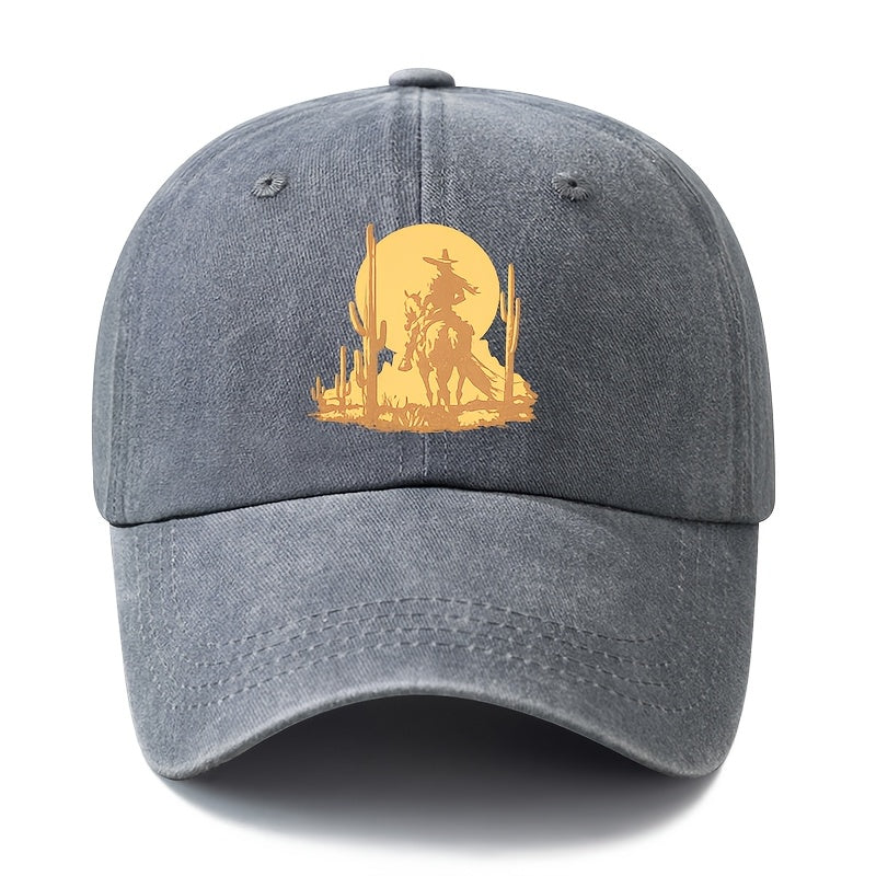 A Unisex Fashionable and Versatile Printed Desert Horseback Riding Hero Baseball Cap, Featuring a Classic Vintage Washed Outdoor Lightweight Curved Brim. This Trucker Baseball Cap Is Suitable for Casual Occasions Such as Outdoor Vacations