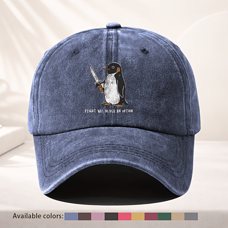 Unisex Baseball Cap, Vintage Cute Penguin Fun Print Baseball Cap, Adjustable for Men And Women, Quirky Street Style with Distressed Look, Top Choice for Personalized Outfits, Washed-Out Effect, Everyday Casual Hat