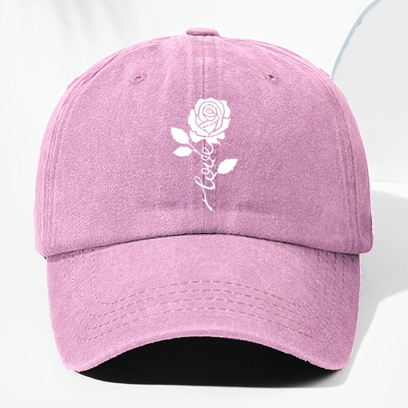 Unisex Rose Love Print Washed Vintage Baseball Cap Fashion Men Women Sunshade Outdoor Hat Adjustable Hat Trucker Cap Suitable for All Seasons Daily Wear