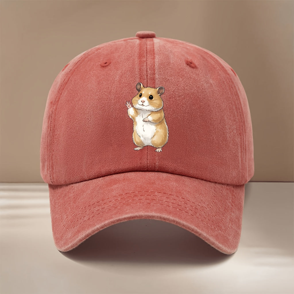 This Is a Baseball Cap with a Waving Hamster Print. It Features a Relaxed Fit, Adjustable Sizing, and a Simple, Trendy Curved Brim. Suitable for Both Men and Women, It Is a Versatile Six-panel Hat Perfect for Outdoor Sports, Dinners