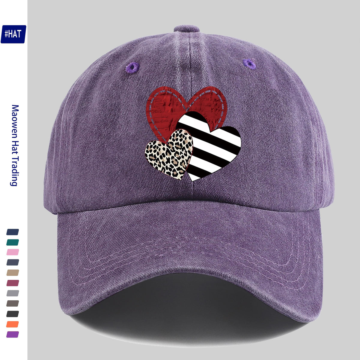 A Washed Baseball Cap with Iron-on Transfer Designs of Red Hearts, Black Striped Hearts, Leopard Print Hearts, and Crossed Hearts. It Features a New Autumn/winter Vintage Style, Is Unisex, Adjustable in Size, Lightweight, and Suitable for Outdoor Use