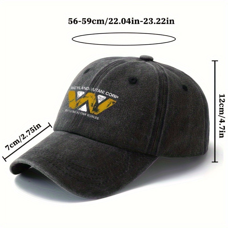A Versatile Unisex Baseball Cap Featuring a Printed 'WEYLAND-YUTANI CORP' Design, This Classic Retro Hat Is Lightweight with a Curved Brim, Perfect for Outdoor Activities Like Vacations, Camping, And Other Casual Events