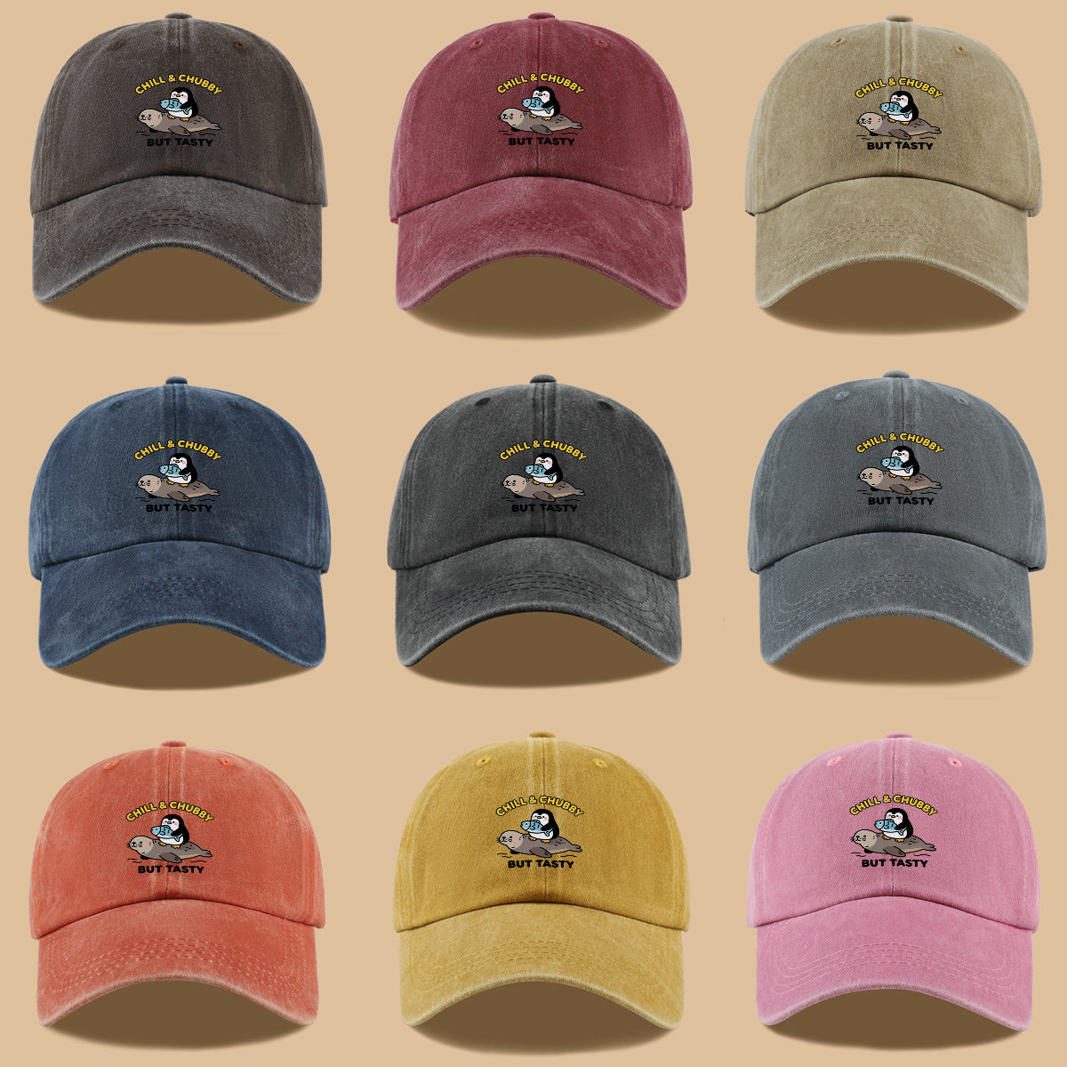 1pc 1pcs "CHILL & CHUBBY BUT TASTY" Penguin Hugging Fish on Seal Print Baseball Cap - Cute Duckbill Cap Suitable for Daily Outfits, Beach Vacations, Student Style, Adjustable Unisex Hat for &, Creative, Park Picnics