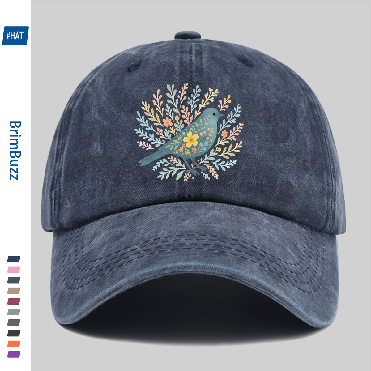 A Baseball Cap Featuring a Print of Birds Surrounded by Flowers And Plants, a Vintage Design Sun Hat, a Comfortable And Lightweight Trucker Hat with Adjustable Straps, an American Street Style Skateboard Cap
