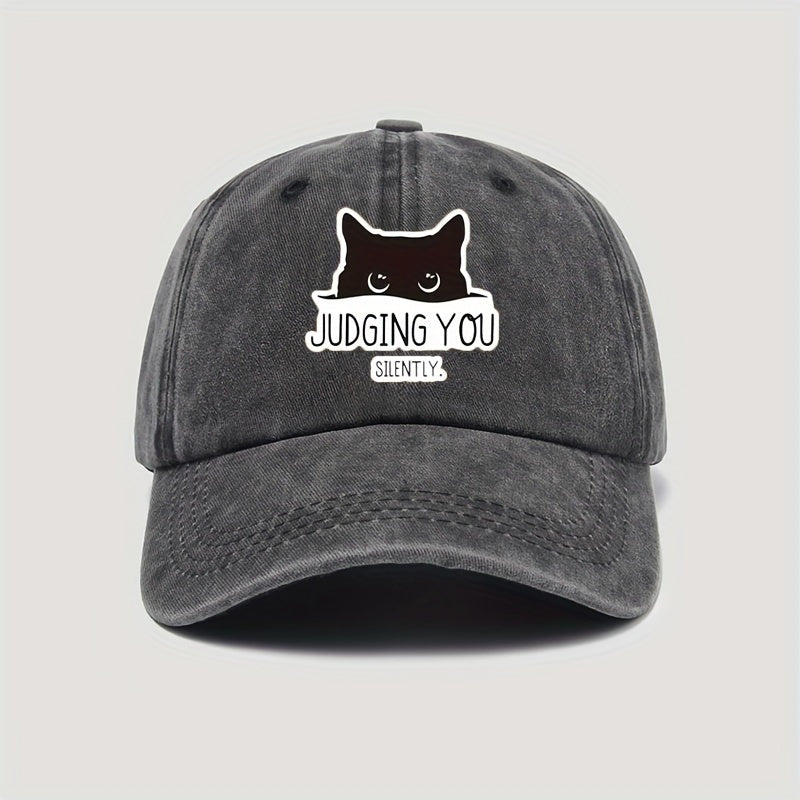 Vintage-Style Adjustable Baseball Cap Featuring a Cat Design with The Words "Silently Judging You"