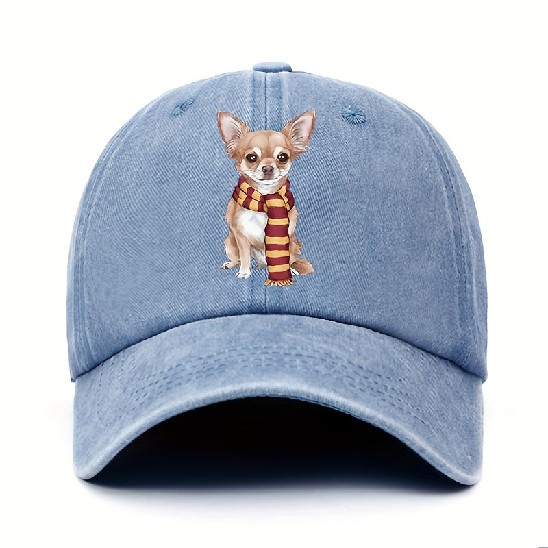Cute Chihuahua & Scarf Print Vintage Washed Baseball Cap - Adjustable Snapback, Lightweight All-Season Outdoor Casual Hat, for New Year Celebrations, Accessory, Soft Texture, Seasonal Accessory, Playful Design, Hand Washable, Fashion Accessory