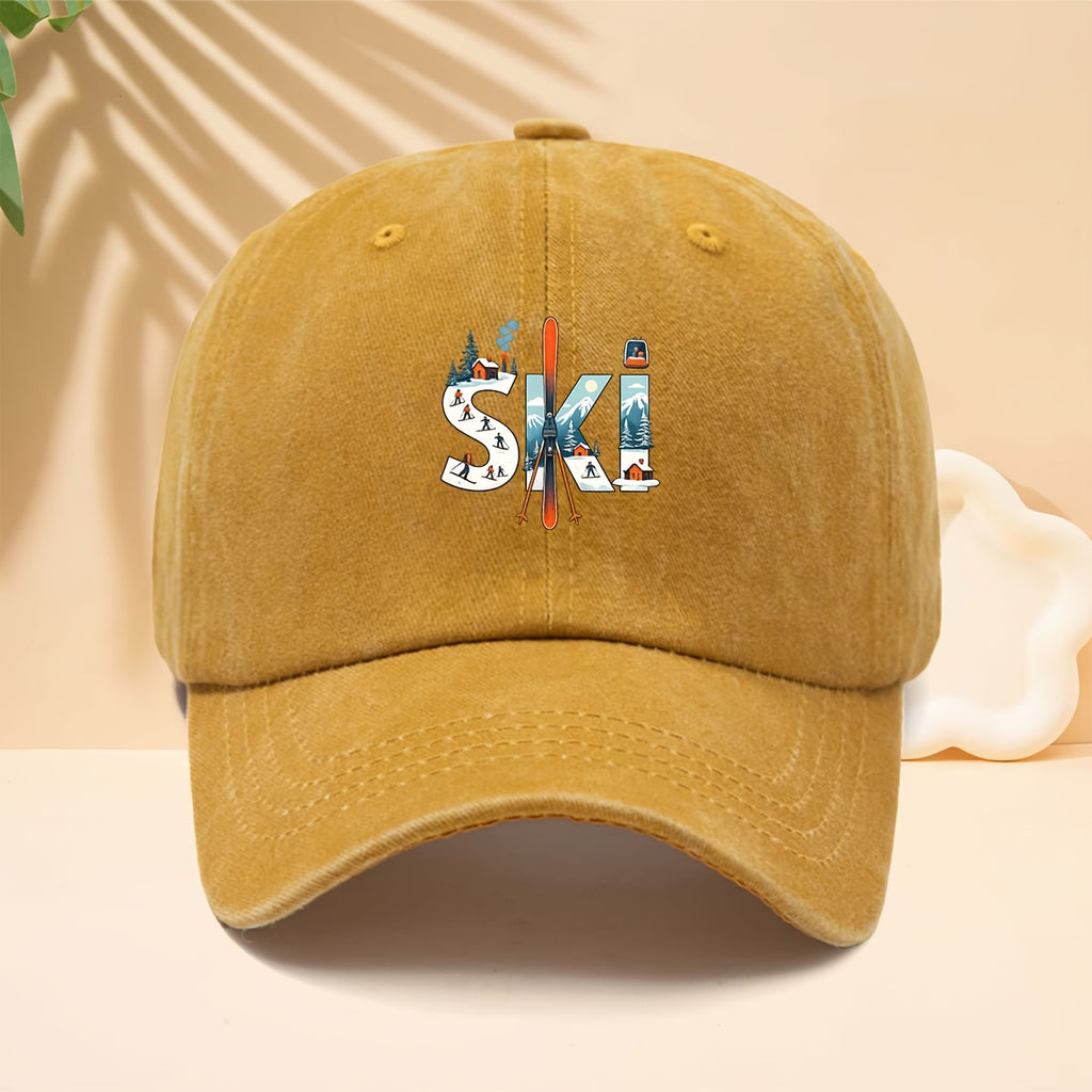 A Printed Baseball Cap with Ski-Related Elements And Patterns, Suitable for Outdoor Sports, a Six-Panel Hat for Men And Women, Couple'S Fashion, a Duckbill Cap with an Adjustable Soft Brim, Washed And Distressed Curved Brim Hat
