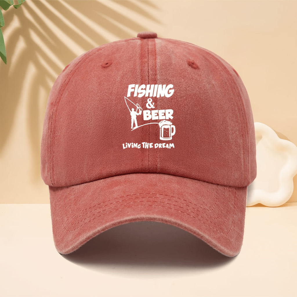 Baseball Cap with FISHING BEER Silhouette Print, American Casual Outdoor Lifestyle Design, Adjustable Size Unisex Casual Hat, All-Season Versatile Neutral Style, Curved Brim Hat for Outdoor Fishing, Parties, And Hip-Hop Style, Soft Top Design