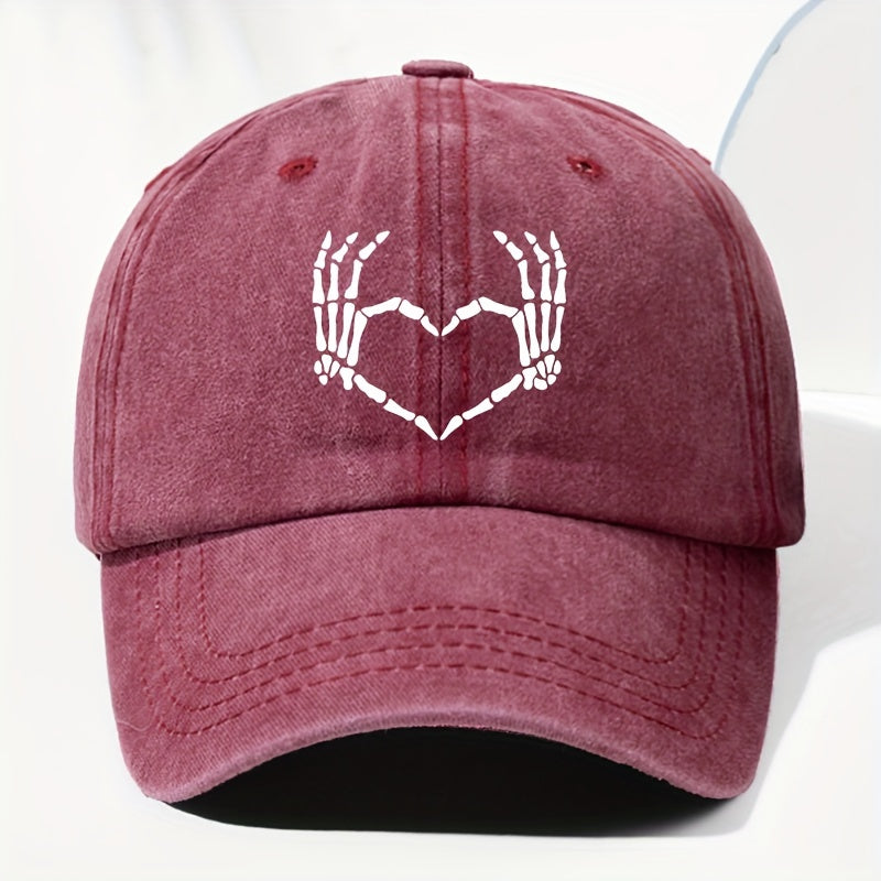 Men' & Women' Vintage Washed Baseball Cap with Heart & Skull Print - Adjustable Trucker Hat Suitable for All Seasons, Outdoor, Casual Wear, Retro Washed Style, Unisex for Daily Use, Driving,, and Everyday Fashion