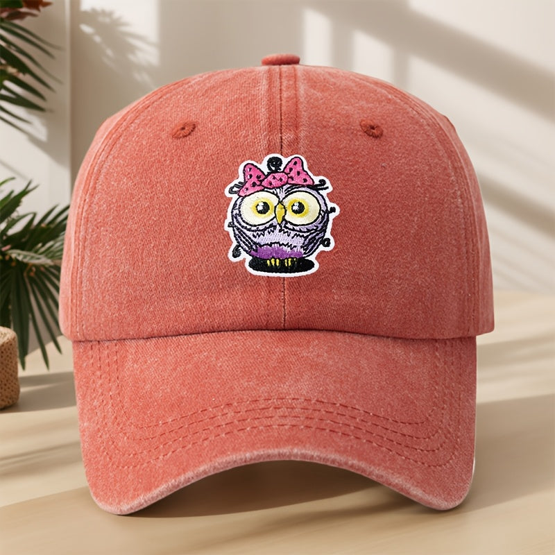 Vintage Washed Duckbill Baseball Cap with Owl Patch - Distressed Soft Breathable Sweat-Absorbent Suitable for Outdoor,, Camping, Fishing, Streetwear Hat, Washed Retro for Climbing and Casual Wear
