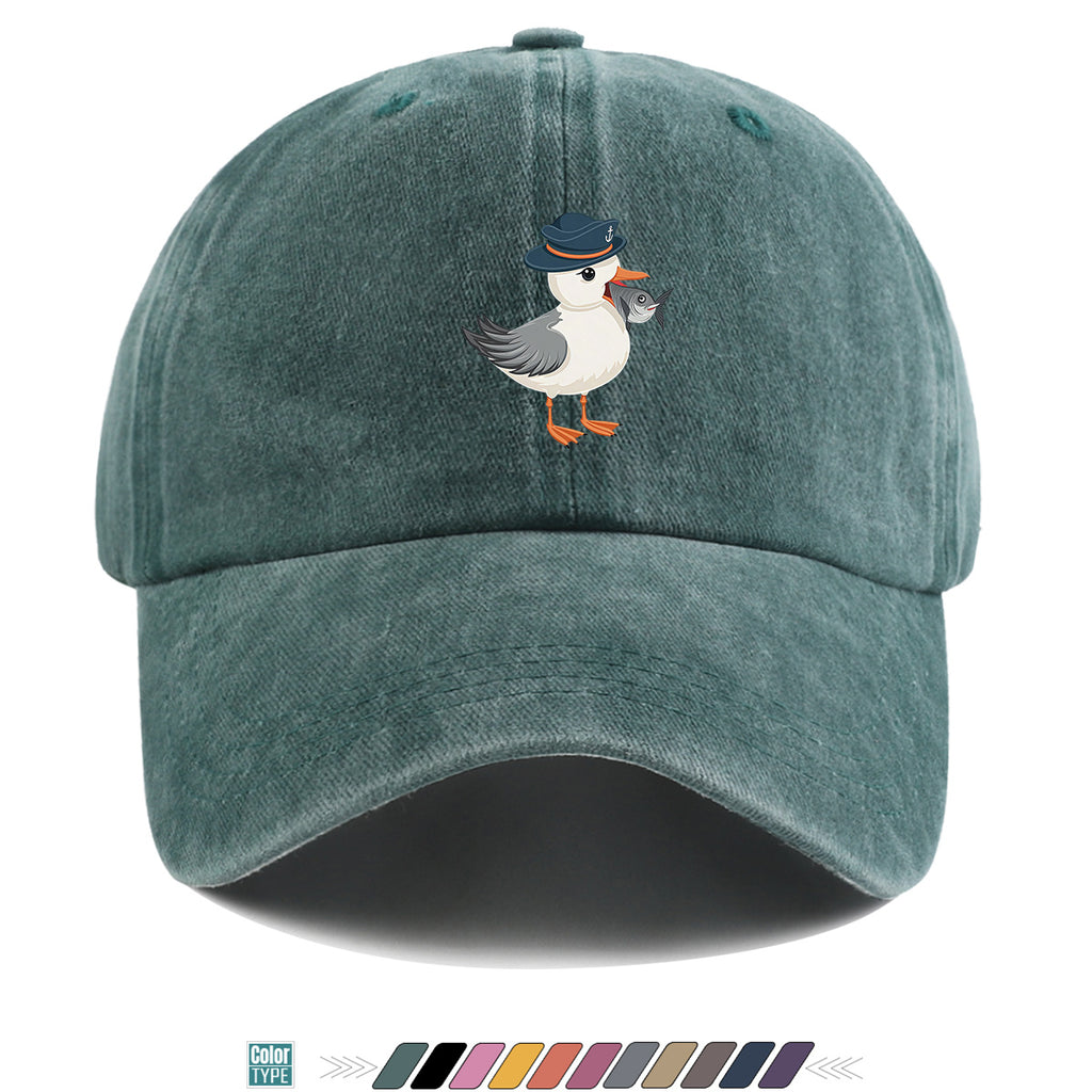 1pc Cartoon Seagull Wearing a Navy Hat with an Anchor Pattern, Holding a Fish in Its Mouth, with a Colorful Geometric Striped Background. Fun Animal Print Baseball Cap, Comfortable And Breathable Sun Hat, Stylish, Individual, And Beautiful