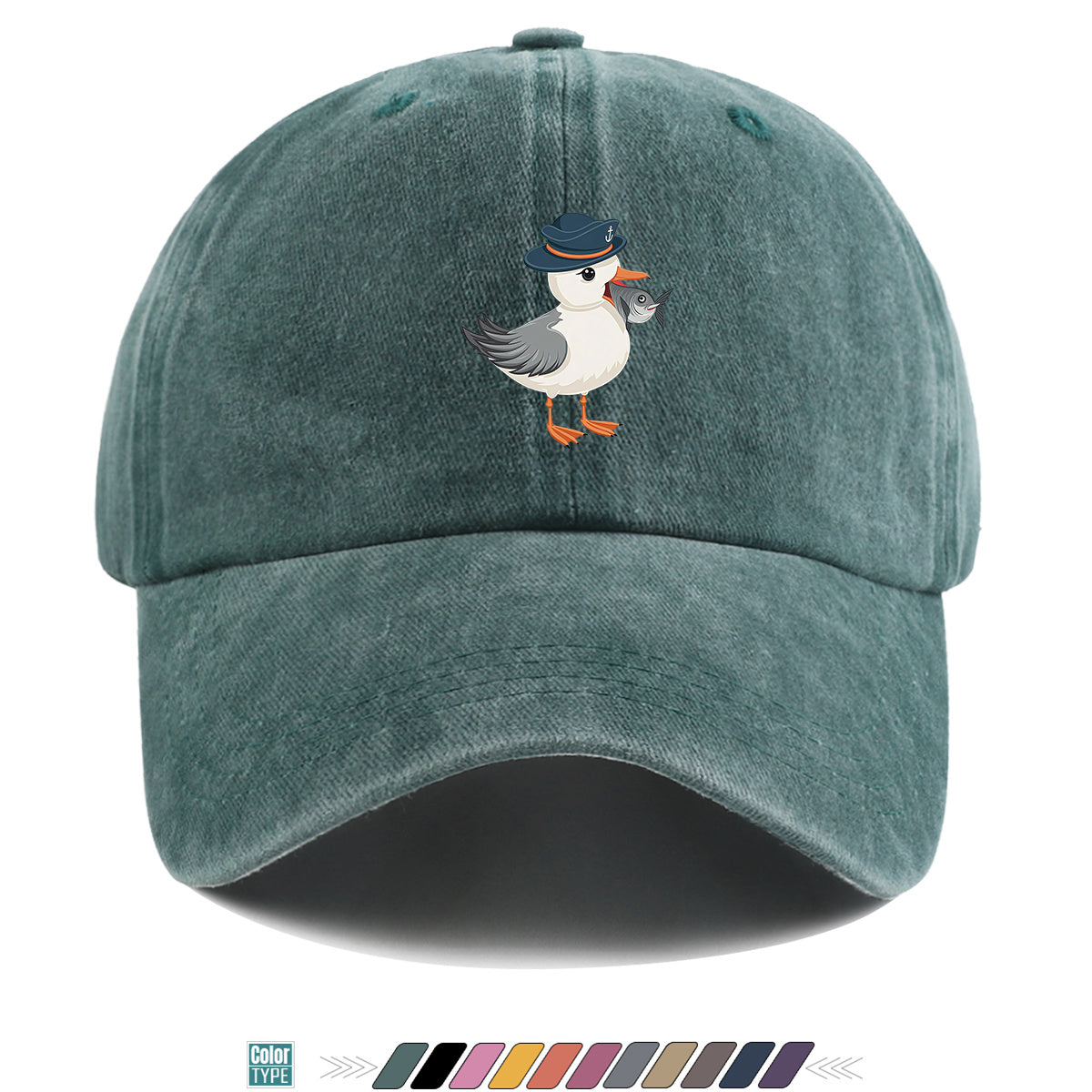 1pc Cartoon Seagull Wearing a Navy Hat with an Anchor Pattern, Holding a Fish in Its Mouth, with a Colorful Geometric Striped Background. Fun Animal Print Baseball Cap, Comfortable And Breathable Sun Hat, Stylish, Individual, And Beautiful