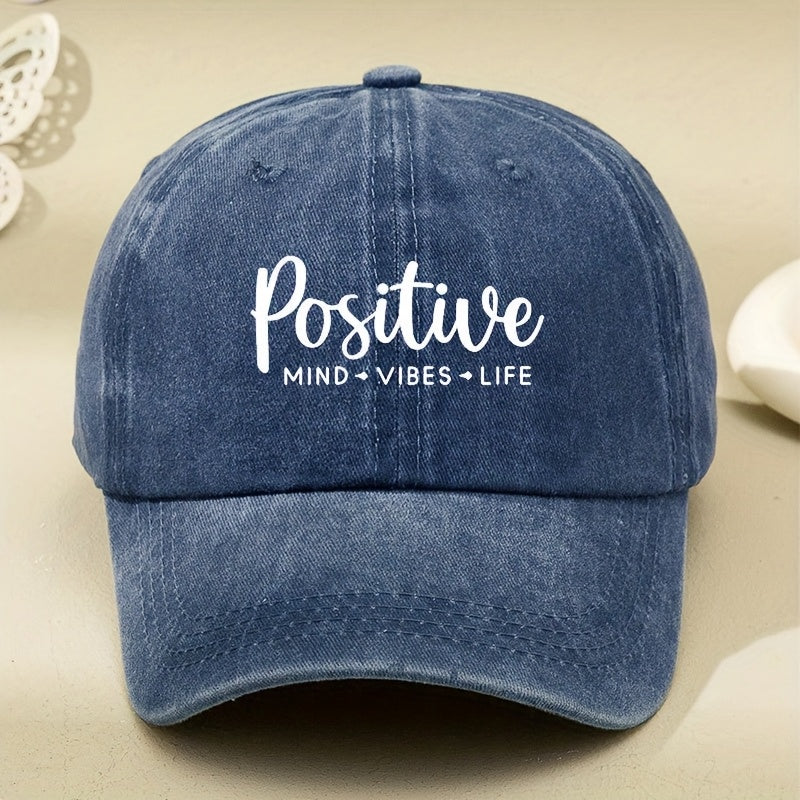 Unisex Duckbill Cap with a White Print Featuring Positive Vibes, Perfect for Outdoor Casual Wear. This Retro-Style Baseball Cap Has a Soft Top And a Curved Brim, Ideal for Women Looking for a Face- Accessory