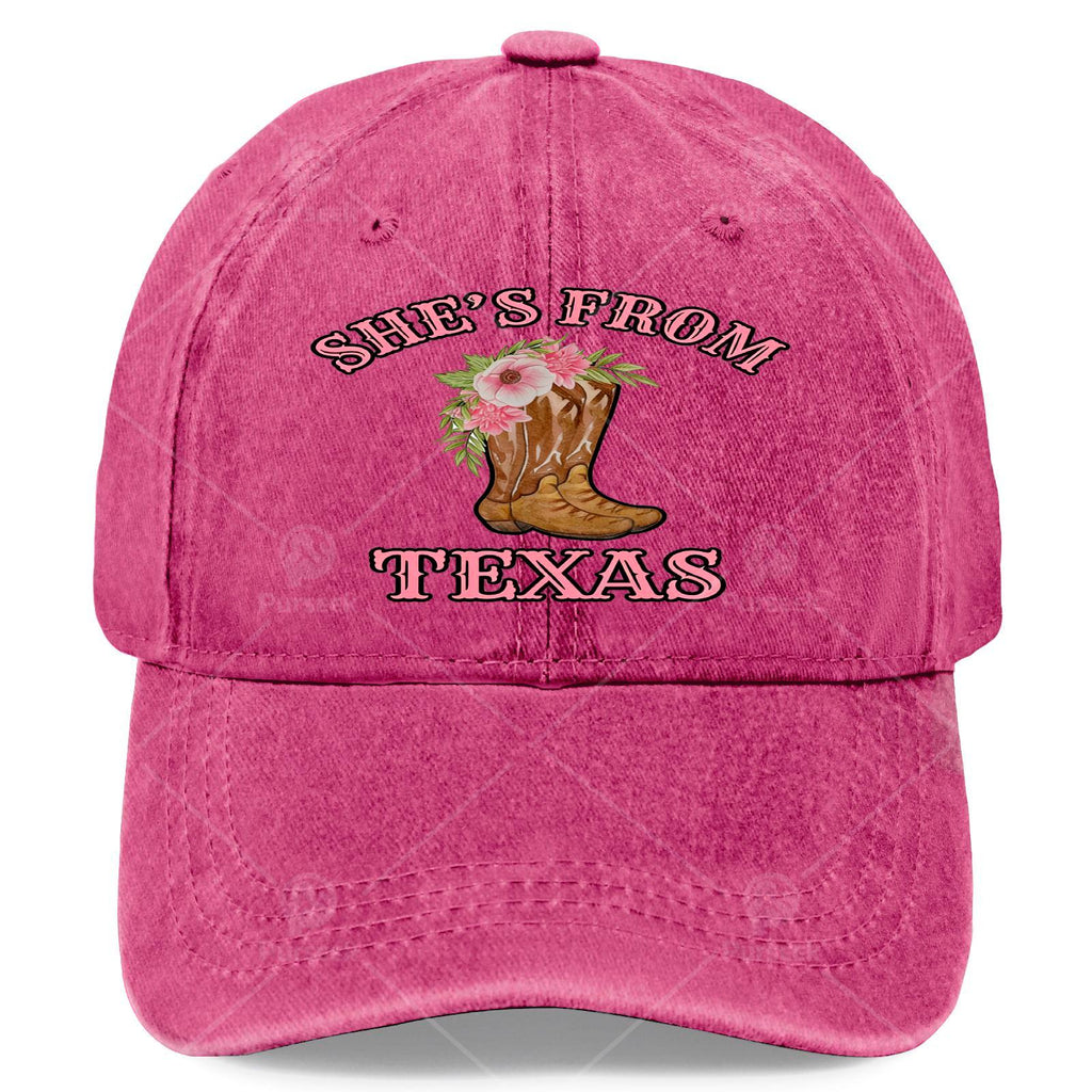 Originating from Texas, She Sports Cowgirl Boots Paired with a Floral Baseball in a Unisex, Vintage Style