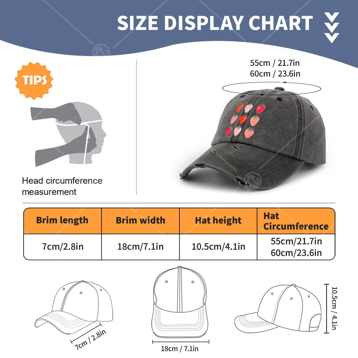 Strawberry Retro Trucker Hat with Strawberry Print & Strawberry - Unisex Vintage Baseball Cap Suitable for Men & Women, Machine Washable Washed-Out Cap for Casual Wear, Themed Parties, Everyday Use - Strawberry-Themed Accessory