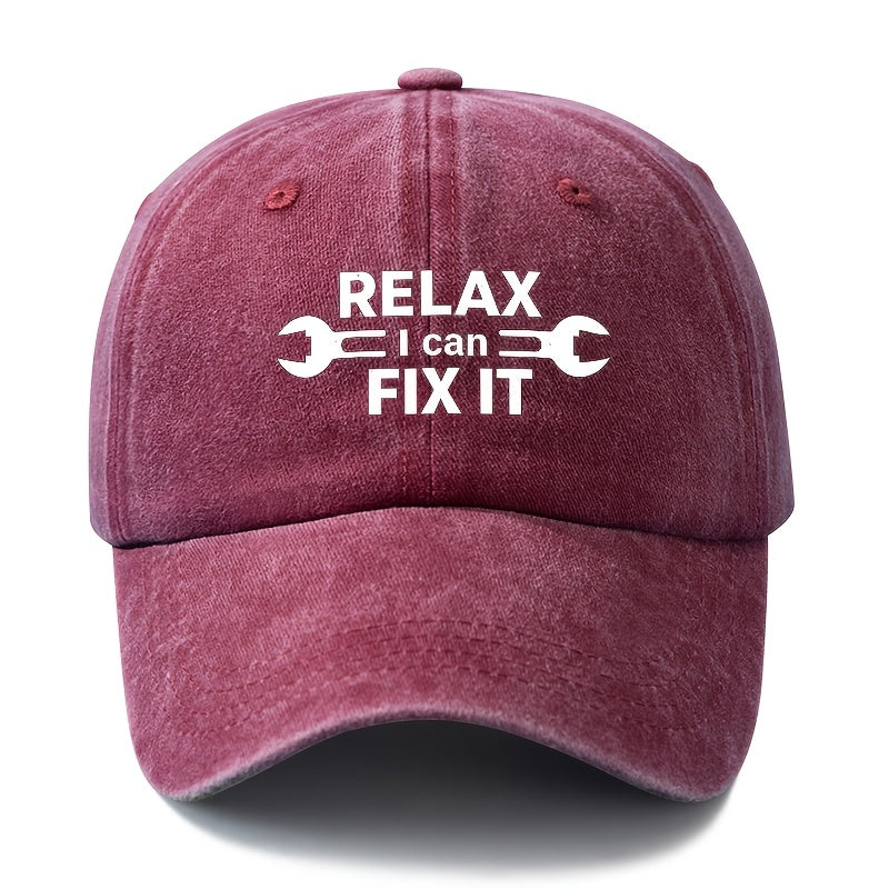 A Unisex Fashionable and Versatile Printed RELAX FIX IT Baseball Cap, Featuring a Classic Vintage Washed Lightweight Curved Brim. This Trucker Baseball Cap Is Suitable for Casual Occasions Such as Outdoor Vacations, Travel, and Camping. It Also Works