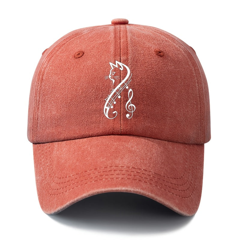 A Unisex Fashionable and Versatile Printed Cat and Musical Note Baseball Cap, Featuring a Classic Vintage Washed Lightweight Outdoor Curved Brim. This Trucker Baseball Cap Is Suitable for Casual Occasions Such as Outdoor Vacations