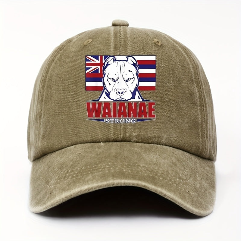 WAIANAE Men'S Hawaiian Flag & Dog Graphic Baseball Cap - Adjustable Lightweight Retro Streetwear Hat for Outdoor Sports, Patriotic Hip Hop Style, Soft Fabric, Thanksgiving/Father'S Day Gift