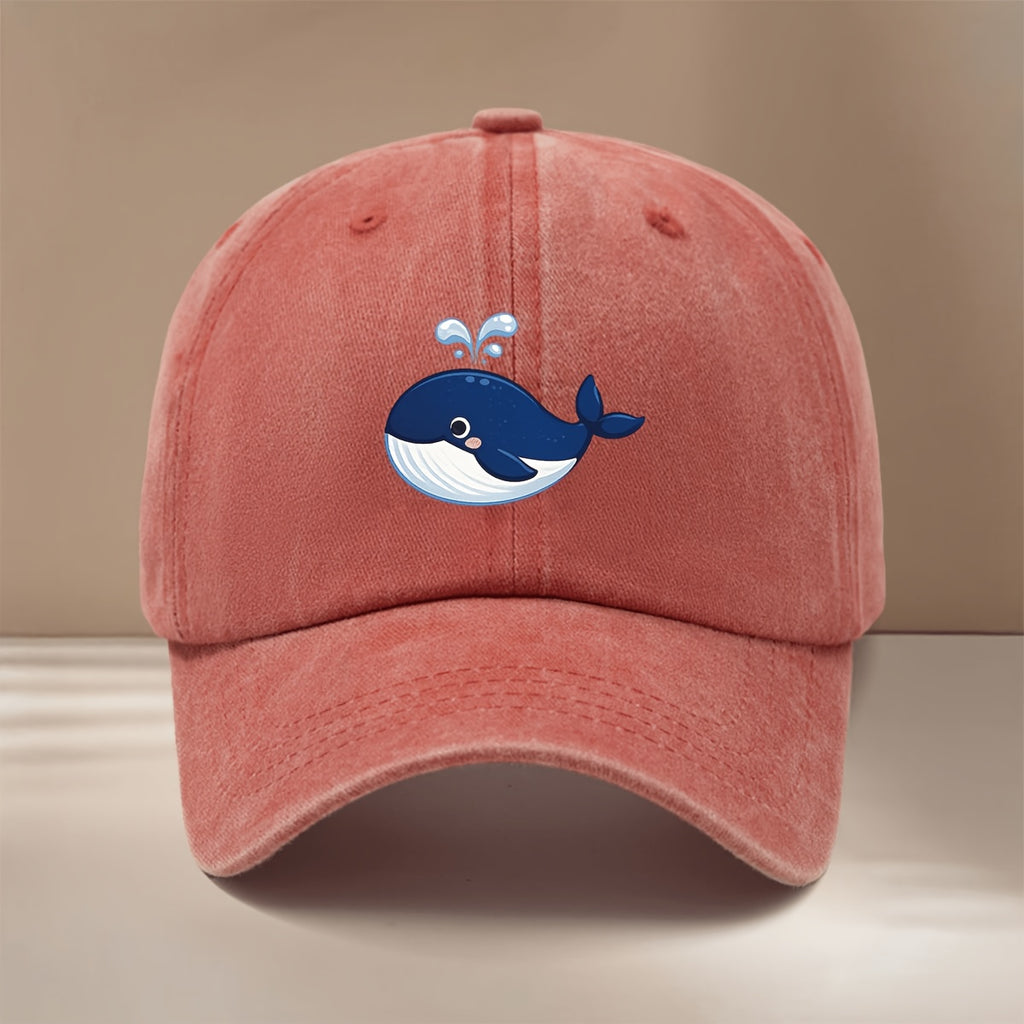 This Is a Baseball Cap with a Whale Spouting Water Graphic Print. It Is a , Lightweight, and Adjustable Casual Hat Suitable for Both Men and Women. This Stylish and Trendy Snapback Cap Is Perfect for Outdoor Sports, Dinners, Camping, and Other