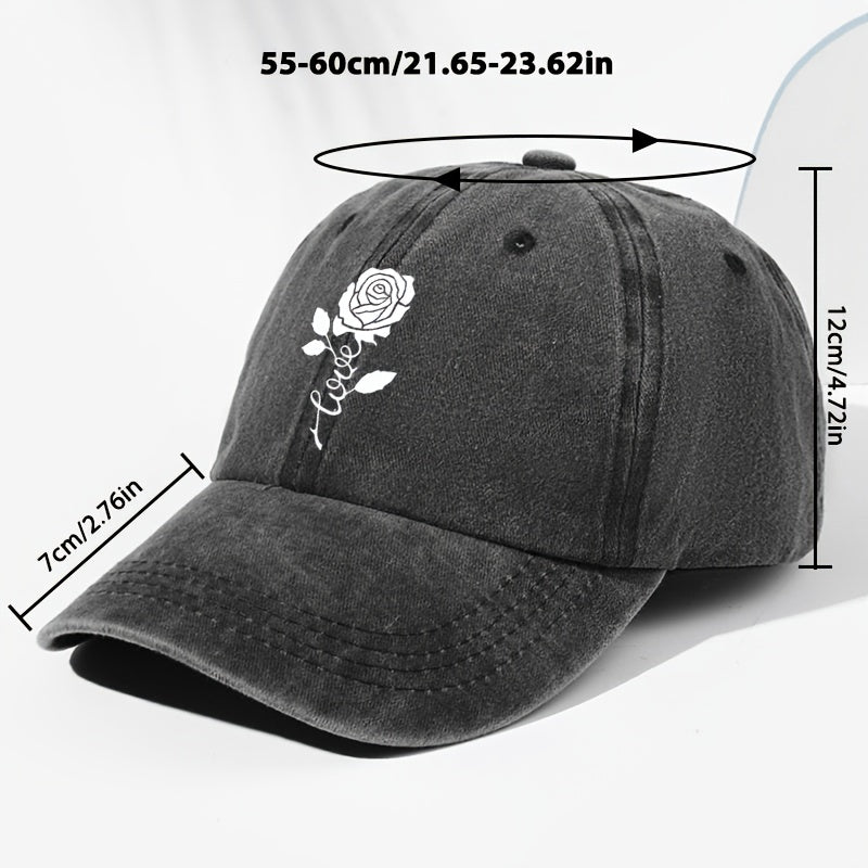 Unisex Rose Love Print Washed Vintage Baseball Cap Fashion Men Women Sunshade Outdoor Hat Adjustable Hat Trucker Cap Suitable for All Seasons Daily Wear