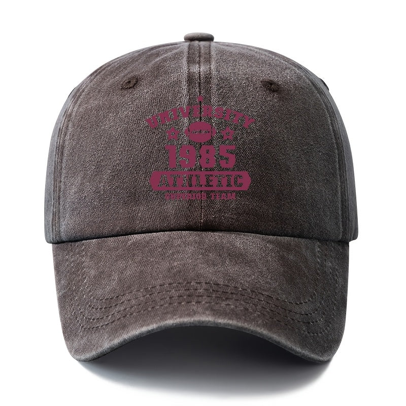 A Unisex Fashionable and Versatile Printed UNIVERSITY 1985 Baseball Cap, Featuring a Classic Vintage Washed Outdoor Lightweight Curved Brim. This Trucker Baseball Cap Is Suitable for Casual Occasions Such as Outdoor Vacations, Travel, and Camping