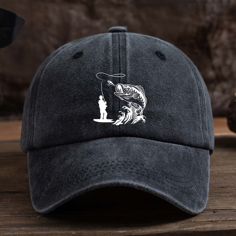 1pc Funny Fishing Print Outdoor Hat with Leaping Fish & Design - Breathable Six-Panel Cap, Durable Textile Fabric Suitable for Fishing Trips, Camping, Hiking - Unisex for Men & Women, Hand Washable ()
