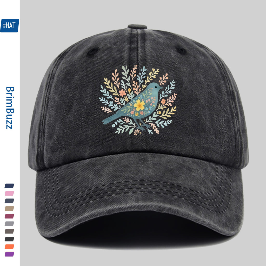 A Baseball Cap Featuring a Print of Birds Surrounded by Flowers And Plants, a Vintage Design Sun Hat, a Comfortable And Lightweight Trucker Hat with Adjustable Straps, an American Street Style Skateboard Cap