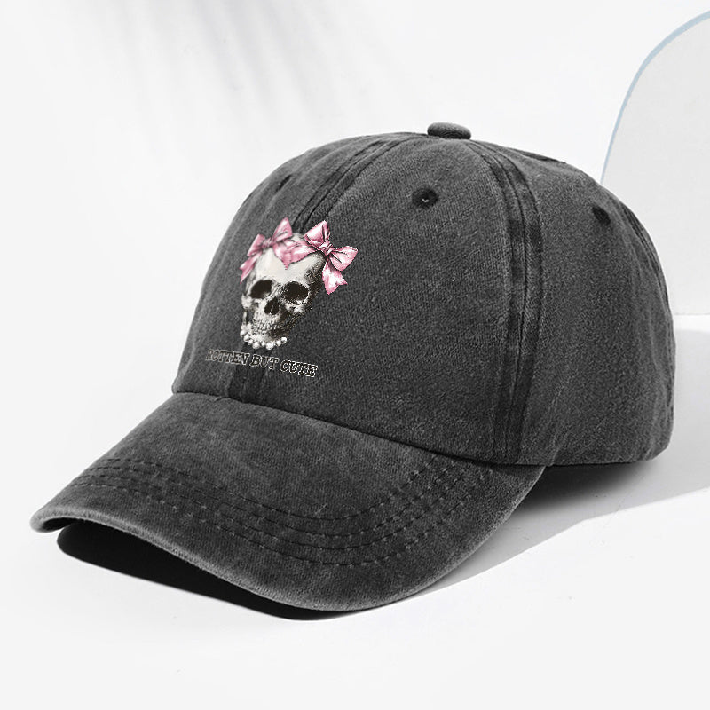 Unisex ROTTE BUT CUTE Letter Skull Print Washed Vintage Baseball Cap Fashion Men Women Sun Hat Adjustable Size Trucker Hat Suitable for All Seasons Daily Wear